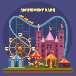 amusement park with attraction and rollercoaster, tent with circus, carousel or round attraction, merry go round, ferris wheel. amazing entertainment show, people recreation or holiday theme