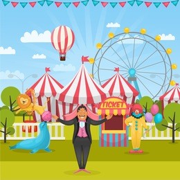 cartoon style composition with amusement park and circus artists with tents and flying air balloon vector illustration