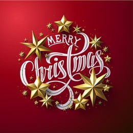 calligraphic "merry christmas" lettering decorated with gold stars. christmas greeting card .