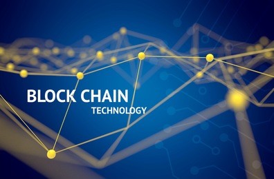 fintech technology and blockchain network concept , distributed ledger technology ,  yellow distributed connection atom and text with blue background , 3d rendering