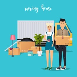 young couple moving. moving truck and cardboard boxes. shipping cargo delivery. flat design modern vector illustration concept.