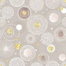 seamless christmas background with doodle circles randomly distributed, golden foil circles, watercolor texture, stars and snow. vector holiday illustration.