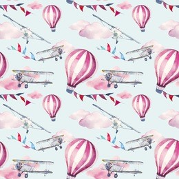 watercolor skydiving seamless pattern. hand painted texture with vintage airplane, flags garlands, clouds, hot air balloon on blue background. wallpaper with retro transportation and fairytale sky