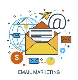 thin line flat design concept of email marketing, e-mail advertising communication, newsletter promotion campaign and electronic mail. design for website element , mobile websites and apps.