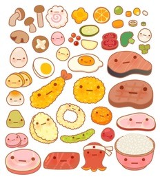 collection of lovely baby japanese oriental food doodle icon, cute fruit, adorable vegetable, sweet egg, kawaii steak, girly rice bowl, in childlike manga cartoon isolated on white - vector file eps10