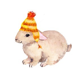 rabbit animal in knitting hat and scarf. christmas watercolor