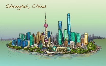 sketch cityscape of shanghai skyline free hand draw illustration vector