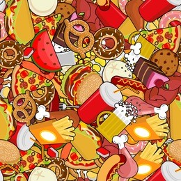 fast food seamless pattern. feed ornament. meat background. pizza and taco. french fries and hamburger. hotdog and cookies. baked turkey and watermelon. pork and cake. donuts and dumplings