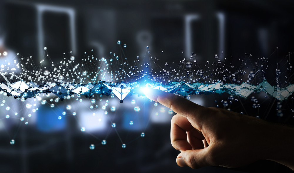 businessman touching abstract connection interface with lines and dots 3d rendering