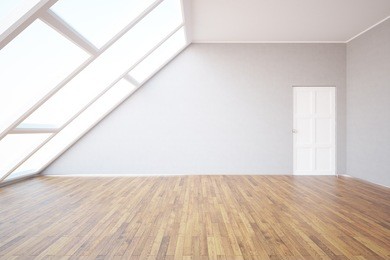 side view of loft room with blank wall, wooden floor, white door and window with daylight. mock up, 3d rendering