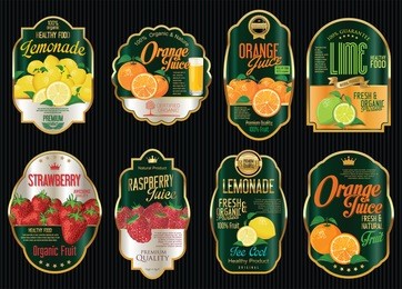 set of organic fruit retro vintage golden labels collection