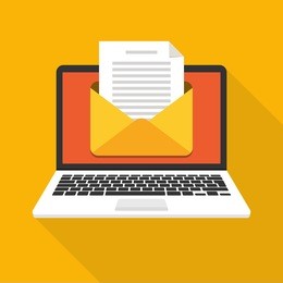 laptop with envelope and document on screen. e-mail, email marketing, internet advertising concepts. flat vector illustration.