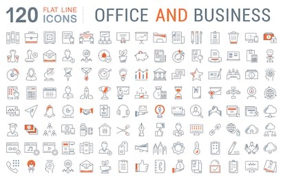 set vector line icons in flat design office and business with elements for mobile concepts and web apps. collection modern infographic logo and pictogram.