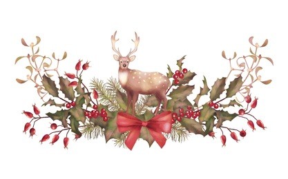christmas watercolor garland. holiday vintage style decorations with a deer on white background