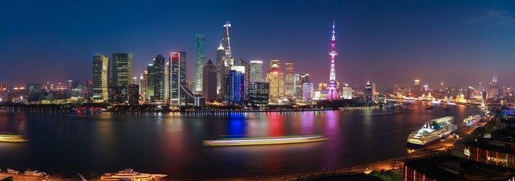 aerial photography bird view city landmark buildings background at shanghai skyline of panorama of night scene
