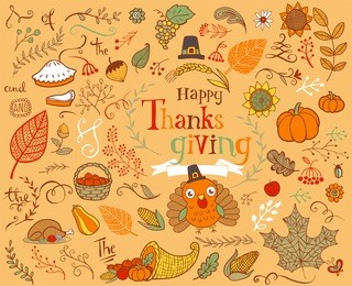 thanksgiving design elements for poster or greeting card with holiday traditional symbols.