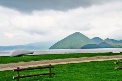 design art statue at lake toya (toya-ko) in shikotsu-toya national park, abuta district, iburi subprefecture, hokkaido, japan