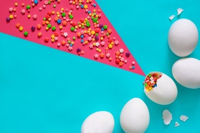 easter greeting card concept, flat lay, view from above, minimal design