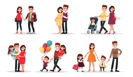 set of characters showing the stages of development of the family. creation, birth of children,  care and upbringing. mother, father, daughter and son. vector illustration in a flat style