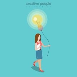 flat isometric woman holding thread with balloon made of lamp vector illustration. 3d isometry business ideas and innovation concept.