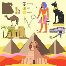 set of egypt symbols and landmarks. flat vector illustrations. symbols of ancient culture: map, sphinx and pyramid pharaoh in giza, camel and cat, ankh and eye, anubis and hathor.