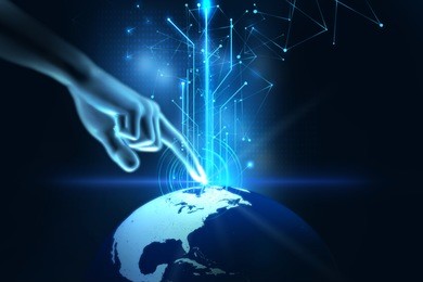 3d illustration of hand touch gesture on futuristic technology design element 
represent multitouch technology

