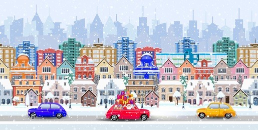 christmas santa claus driving on car with giftbox on winter city street. seamless border panorama with a winter cityscape. vector illustration