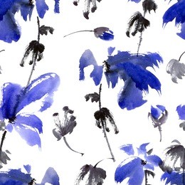 watercolor and ink illustration of blue flowers and leaves. seamless pattern.