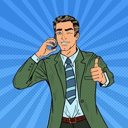 pop art businessman talking on the phone and gesturing great. vector illustration