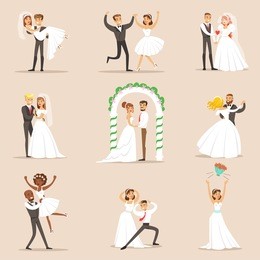newlyweds posing and dancing on the wedding party set of scenes