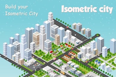 megapolis 3d isometric three-dimensional view of the city. collection of houses, skyscrapers, buildings, built and supermarkets with streets and traffic. the stock vector