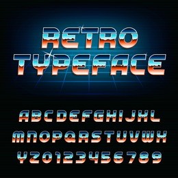 80's retro alphabet font. chrome effect shiny oblique letters and numbers. vector typeface for your design.