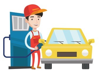 gas station worker filling up fuel into car. smiling worker in workwear at the gas station. caucasian gas station worker refueling a car. vector flat design illustration isolated on white background.