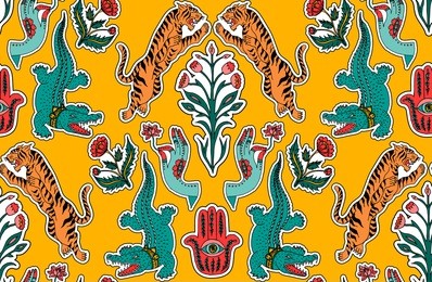 seamless indian pattern. set of stickers, pins, patches and handwritten notes collection in cartoon.leopard, crocodile, hamsa, flower, plant. vector illustration