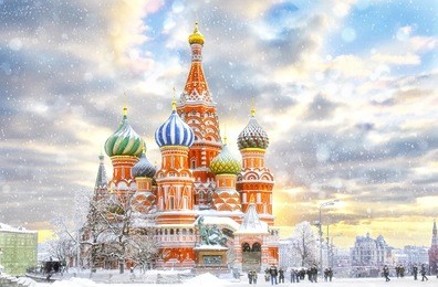 moscow,russia,red square,view of st. basil's cathedral in winter