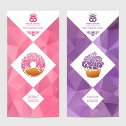 vector set of templates packaging sweets, label, banner, poster, identity, branding. abstract color background with ornamental design elements - donut icon, cupcake. stylish design for baked goods