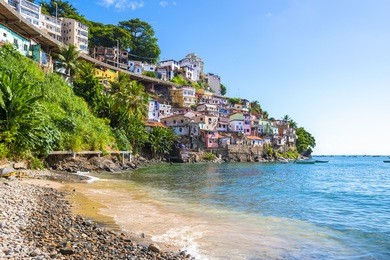 colorful hillside favela architecture of the solar do unhao community overlooking the bay of all saints in salvador, bahia, brazil