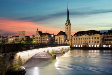 zurich. image of zurich, capital of switzerland, during dramatic sunset.