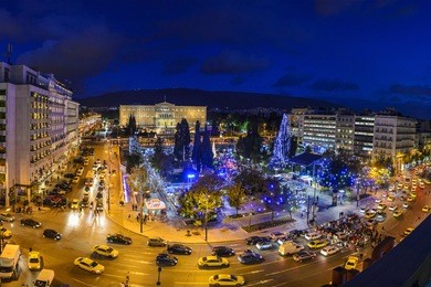 night life at syntagma square (constitution square) which is decorated for christmas. panoramic aerial view in athens city. athens - greece.