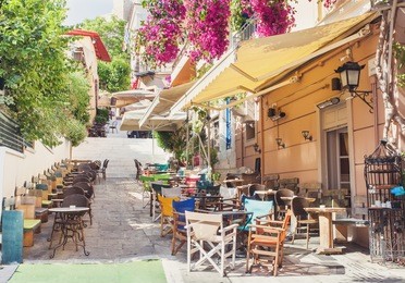 charming street in the old district of plaka in athens, greece