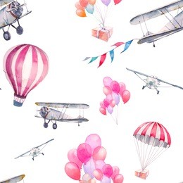 watercolor festive sky seamless pattern. hand painted texture with vintage airplane, flags garlands, hot air balloon, party air balloons on white background. wallpaper with retro sky transport