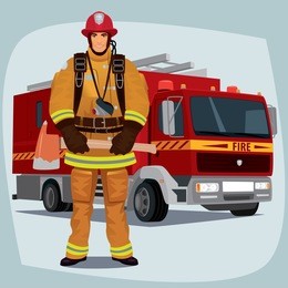 firefighter, man from fire brigade, standing full face in form of fireman, with personal protective equipment, bunker or turnout gear. in the background a fire truck. vector illustration