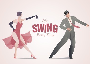 it's swing party time: elegant couple dressed in 1950s clothes style dancing jazz or swing