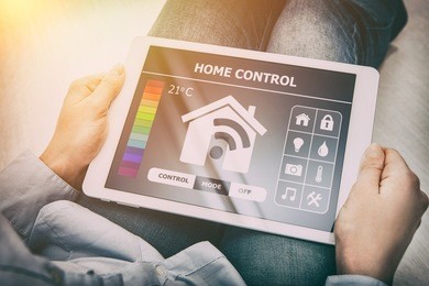 home smart system automated connection room thermostat control display monitoring tablet house remote internet light app technology concept 