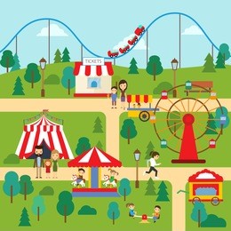 amusement park in summertime with a map of attractions. summer park with rides, roller coaster, teeter,  carousel. vector illustration.

