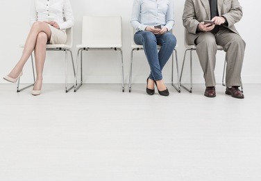 hire employment employ interview candidate hiring legs business waiting cv women sitting queue group employer elegant executive caucasian female male indoors men colleague room concept - stock image