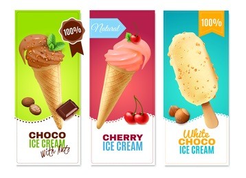 ice cream realistic vertical banners with advertising of chocolate and cherry cones and white chocolate eskimo pie with nuts vector illustration