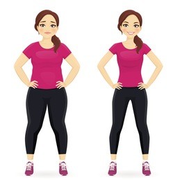 fat and slim woman, before and after weight loss in sportswear isolated