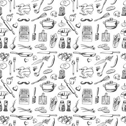 hand drawn seamless pattern with decorative cooking icons. vector sketch background with kitchen utensils,  vegetables, cooking hob, products, kitchenware. doodle elements.