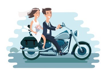 cartoon vector illustration of wedding young couple riding the motorcycle. funny bride and groom